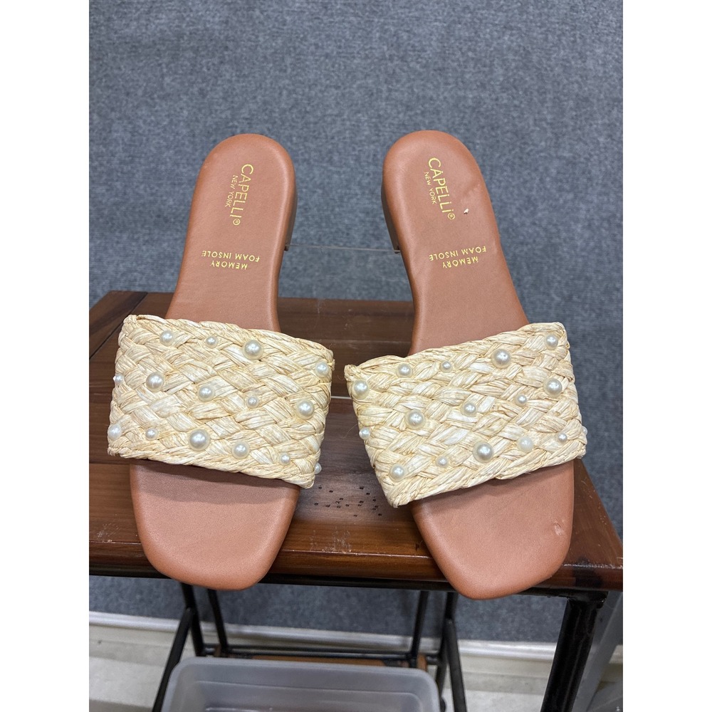 Capelli New Woven Straw Pearl Slide Sandals Tan Cream New Square Flats Sz 7